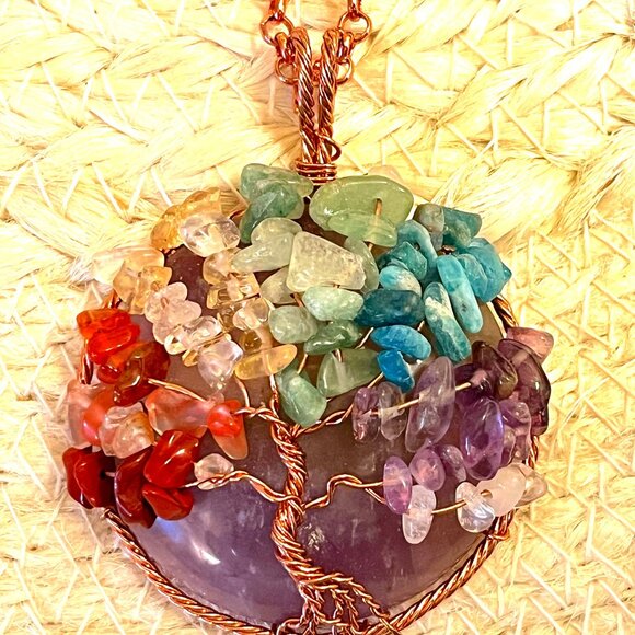Chakra Tree of Life - Copper, Crystals on Round Fluorite with 18" Chain - Picture 3 of 4